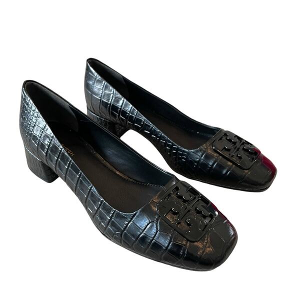 TORY BURCH Women Croc Leather Georgia Pump 25mm Black Size 7.5 New In Box - Picture 1 of 16